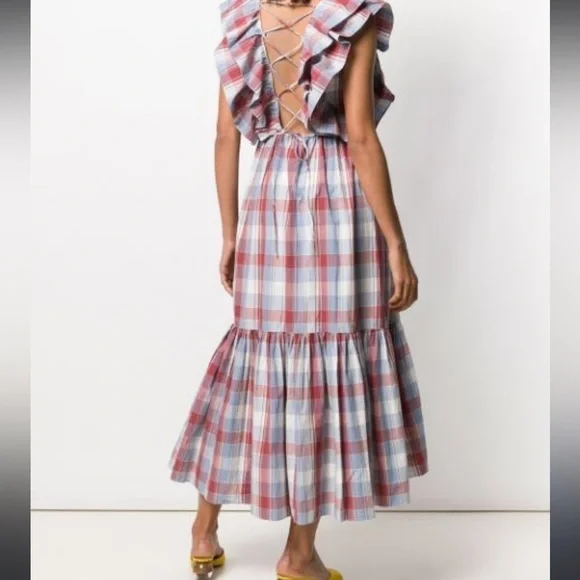 Ulla Johnson Frieda Check Gingham Red Blue White Sleeveless Ruffle Midi Dress XS - Picture 2 of 5
